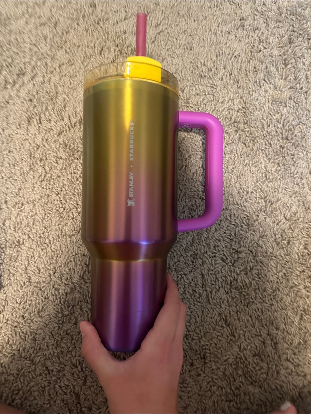 Stanley Iridescent Travel Tumbler with Yellow Lid and Pink Handle
